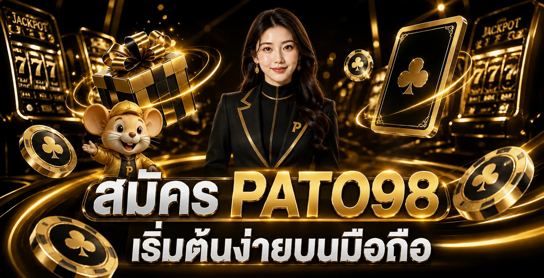 แบนเนอร์สมัคร PATO98 พร้อมตัวละคร PG Soft โทนสีส้มดำ